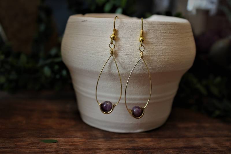 Amethyst Ohrringe Mit Gold | Halbedelstein Dritte Augen-Chakra-Aktivierung Golddraht Halbmond Spirituelle Verbindung von IntrospectionJewelry