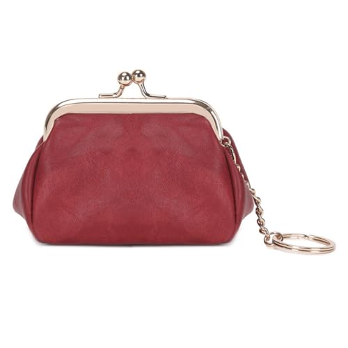 Introti Retro-Münzen-Geldbörse, Kuss-Lock-Geldbörse für Frauen – niedliche PU-Leder-Clip-Münztasche mit Schlüsselanhänger, tragbarer Verschluss, Geldbörse für Lippenstift und kleine Essentials, rot von Introti