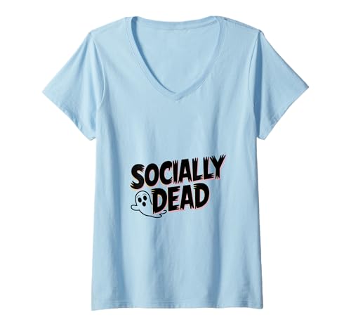 Damen Socially Dead Ghost Halloween Introvertierter Humor T-Shirt mit V-Ausschnitt von Introvert Apparel for the Socially Awkward