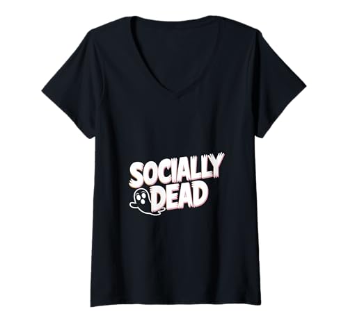 Damen Socially Dead Ghost Halloween Introvertierter Humor T-Shirt mit V-Ausschnitt von Introvert Apparel for the Socially Awkward