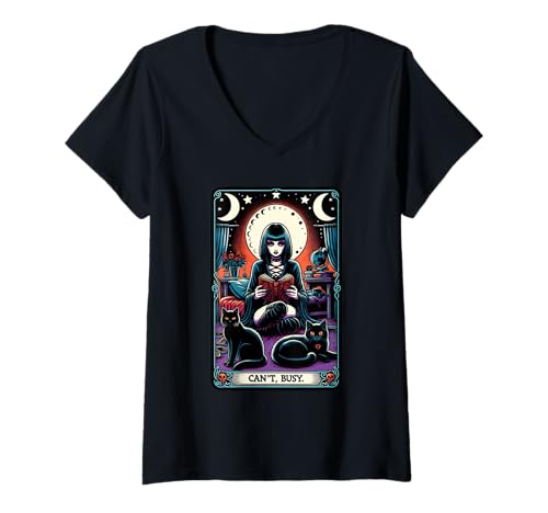 Damen Can't Busy. Lustige Schwarze Katzen und Gothic-Mädchen T-Shirt mit V-Ausschnitt von Introvert Emo And Introverted Gothic Girls Apparel