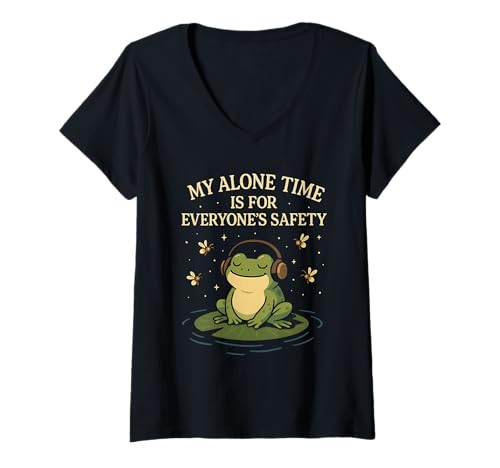 Damen My Alone Time is for Everyone's Safety Frog Meditation T-Shirt mit V-Ausschnitt von Introvert Frog Alone Time Meditation Mindful