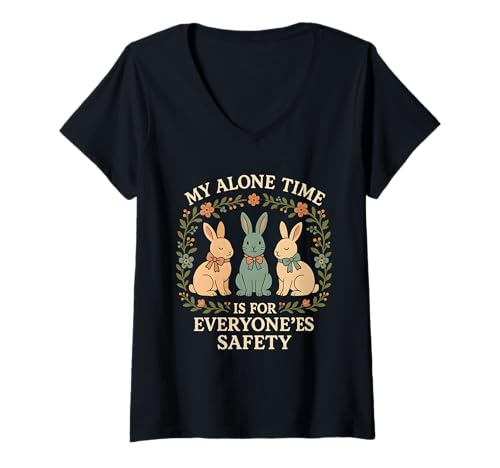 Damen My Alone Time is for Everyone'es Safety Vintage Bunny T-Shirt mit V-Ausschnitt von Introvert Humor Bunny Alone Time Floral