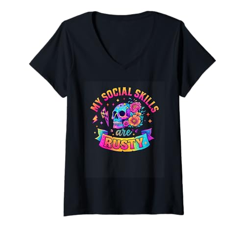 Damen Meine sozialen Fähigkeiten sind Rusty Skull Humor T-Shirt mit V-Ausschnitt von Introvert Humor Skull Floral Contrast Art