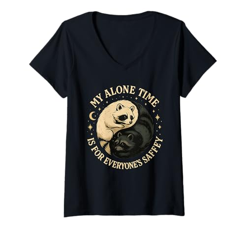 Damen My Alone Time is for Everyone's Saffey Raccoon T-Shirt mit V-Ausschnitt von Introvert Raccoon Alone Time