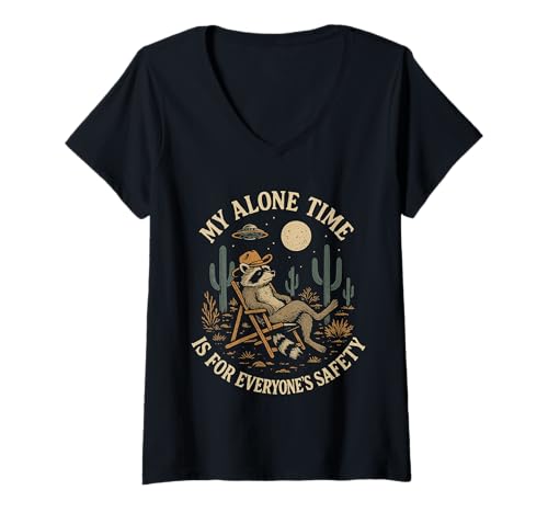 Damen My Alone Time is for Everyone's Safety Raccoon Desert Moon T-Shirt mit V-Ausschnitt Damen My Alone Time is for Everyone's Safety Raccoon Desert Moon T-Shirt mit V-Ausschnitt von Introvert Sarcastic Raccoon Desert Moon UFO
