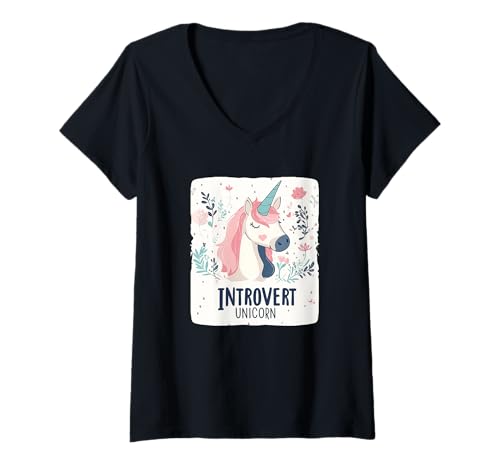 Damen Magische Stille mit diesem introvertierten Einhorn-Kostüm T-Shirt mit V-Ausschnitt von Introvert Unicorn