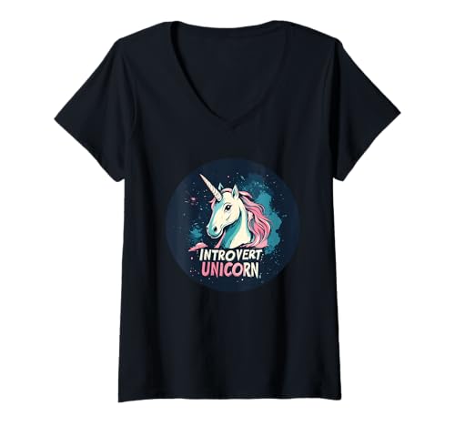Damen Mythisches und geheimnisvolles Introvertiertes Einhorn-Outfit T-Shirt mit V-Ausschnitt Damen Mythisches und geheimnisvolles Introvertiertes Einhorn-Outfit T-Shirt mit V-Ausschnitt von Introvert Unicorn