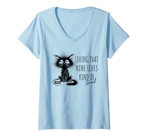 Damen Living That Nine Lives ist irgendwie ein müder Katzenkaffeeliebhaber T-Shirt mit V-Ausschnitt Damen Living That Nine Lives ist irgendwie ein müder Katzenkaffeeliebhaber T-Shirt mit V-Ausschnitt von Introvert mood apparel by TheMaaesthetics