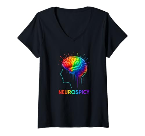 Damen Neurospicy Rainbow Brain Introvert Neurodivergent Pride T-Shirt mit V-Ausschnitt von Introvert neurodivergent novelty Tops ...
