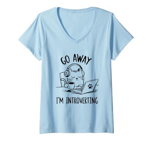 Damen Go Away I´m Introverting Cat Soziale Angst Anti-Sozial Shirt T-Shirt mit V-Ausschnitt von Introvertiert Geschenke Für Introvertierte Shirt
