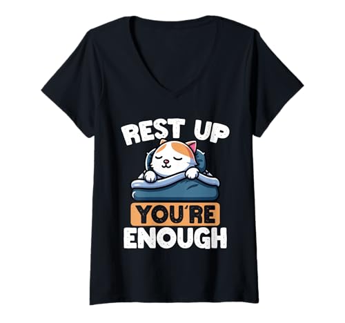 Damen Erhol Dich, Du Bist Genug. Süße Selbstpflege Katze T-Shirt mit V-Ausschnitt Damen Erhol Dich, Du Bist Genug. Süße Selbstpflege Katze T-Shirt mit V-Ausschnitt von Introvertierte Katzenliebhaber Humor Gemütlich