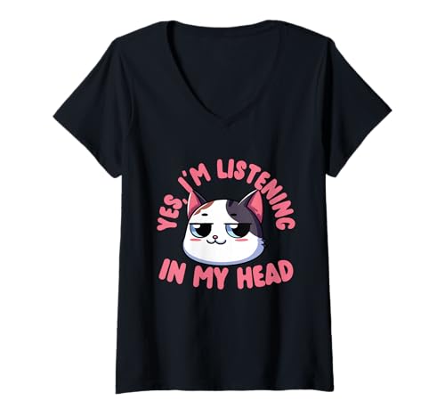 Damen Ja, Ich Höre Zu In Meinem Kopf Lustige Katze T-Shirt mit V-Ausschnitt Damen Ja, Ich Höre Zu In Meinem Kopf Lustige Katze T-Shirt mit V-Ausschnitt von Introvertierte Katzenliebhaber Humor Gemütlich