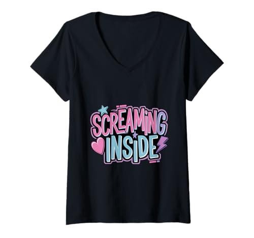Damen Screaming Inside Introvertierter Ausdruck Humor ---- T-Shirt mit V-Ausschnitt von Introvertierte stille Ausdrücke