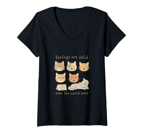 Damen Feelings Are Valid Cartoon Katzen Motiv T-Shirt mit V-Ausschnitt Damen Feelings Are Valid Cartoon Katzen Motiv T-Shirt mit V-Ausschnitt von Introvertierte & Katzenfreunde