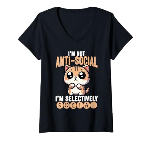 Damen Nicht Antisocial Selektiv Sozial Niedliche Katze T-Shirt mit V-Ausschnitt Damen Nicht Antisocial Selektiv Sozial Niedliche Katze T-Shirt mit V-Ausschnitt von Introvertierter Katzenliebhaber Humor Gemütlich