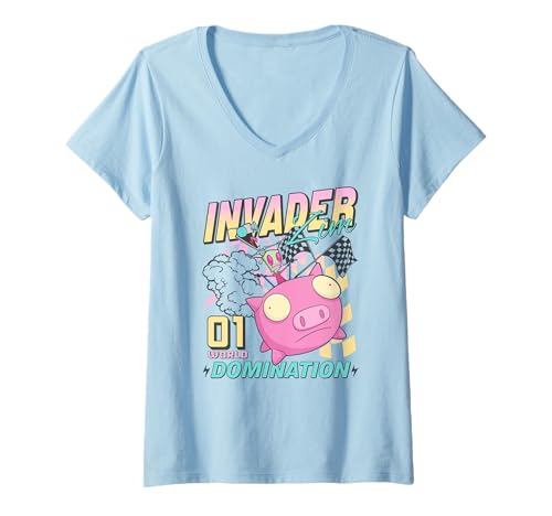 Damen Invader Zim 01 World Domination Zim & Gir Racing Over Pig T-Shirt mit V-Ausschnitt Damen Invader Zim 01 World Domination Zim & Gir Racing Over Pig T-Shirt mit V-Ausschnitt von Invader Zim