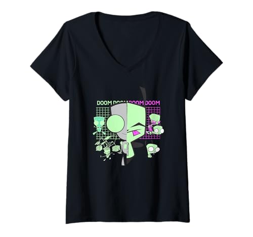 Damen Invader Zim Gir Doom Grid Techno Split Face Art T-Shirt mit V-Ausschnitt Damen Invader Zim Gir Doom Grid Techno Split Face Art T-Shirt mit V-Ausschnitt von Invader Zim