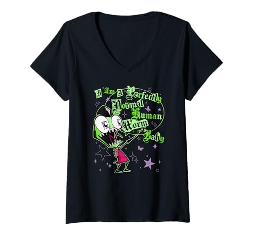 Damen Invader Zim I Am A Perfectly Normal Human Worm Distressed T-Shirt mit V-Ausschnitt von Invader Zim