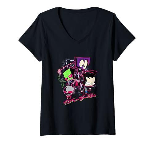 Damen Invader Zim Lightning Storm Anime Characters Collage T-Shirt mit V-Ausschnitt Damen Invader Zim Lightning Storm Anime Characters Collage T-Shirt mit V-Ausschnitt von Invader Zim