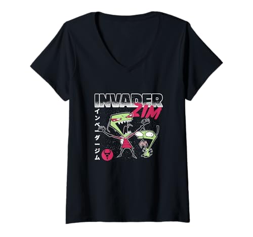 Damen Invader Zim Maniacal Laugh Zim and Gir Y2K Cartoon T-Shirt mit V-Ausschnitt Damen Invader Zim Maniacal Laugh Zim and Gir Y2K Cartoon T-Shirt mit V-Ausschnitt von Invader Zim