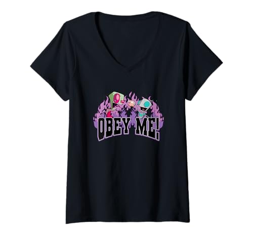 Damen Invader Zim Obey Me! Zim & Gir Logo On Fire T-Shirt mit V-Ausschnitt Damen Invader Zim Obey Me! Zim & Gir Logo On Fire T-Shirt mit V-Ausschnitt von Invader Zim