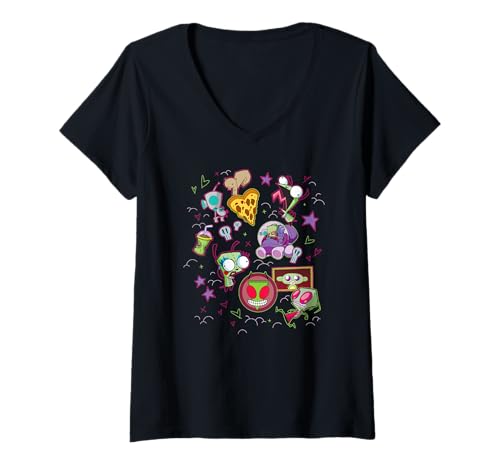 Damen Invader Zim Retro Neon Funny Stickers Collage T-Shirt mit V-Ausschnitt Damen Invader Zim Retro Neon Funny Stickers Collage T-Shirt mit V-Ausschnitt von Invader Zim