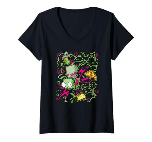 Damen Invader Zim Riding Gir Retro Neon Doodle Mayhem T-Shirt mit V-Ausschnitt Damen Invader Zim Riding Gir Retro Neon Doodle Mayhem T-Shirt mit V-Ausschnitt von Invader Zim