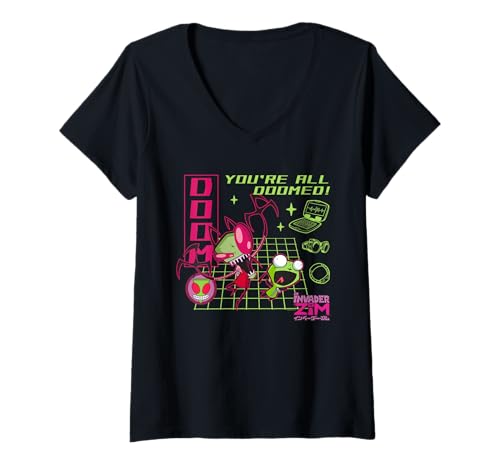 Damen Invader Zim You're All Doomed Y2K Cartoon T-Shirt mit V-Ausschnitt Damen Invader Zim You're All Doomed Y2K Cartoon T-Shirt mit V-Ausschnitt von Invader Zim