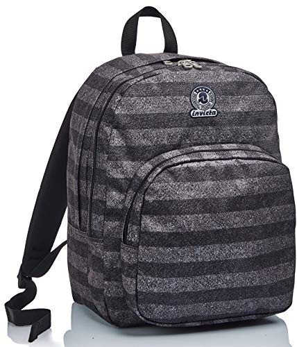 INVICTA BENIN M Rucksack aus nachhaltigem Stoff, Geräumige Schultasche für Teenager, Mädchen und Jungen, für Schule, Gymnasium, Sport & Freizeit, mit Laptopfach bis 15'', gestreift - schwarz/grau von Invicta