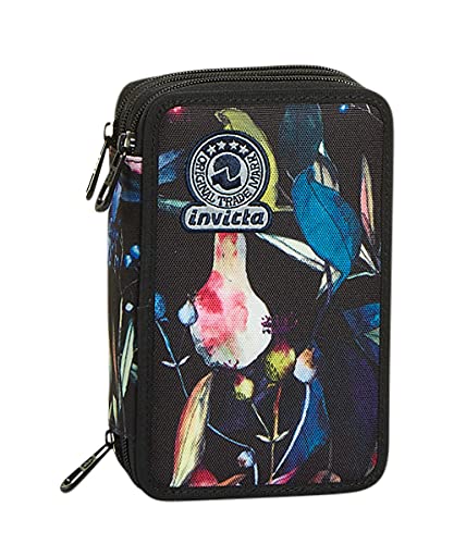 Invicta Federmäppchen, Mäppchen, mehrfarbig, Federtasche für Schreibwaren, Etui mit Stiften, Kugelschreiber, & mehr, 3 Fächer, Mädchen & Jungen, Schule - Grundschule, XXL WILDFLOWERS schwarz von Invicta