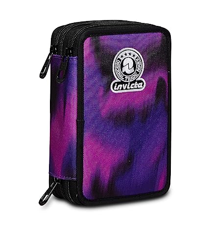 Invicta Federmäppchen, Mäppchen, mehrfarbig, Federtasche für Schreibwaren, Etui mit Stiften, Kugelschreiber, & mehr, 3 Fächer, Mädchen & Jungen, Schule - Grundschule, XXL, violett von Invicta