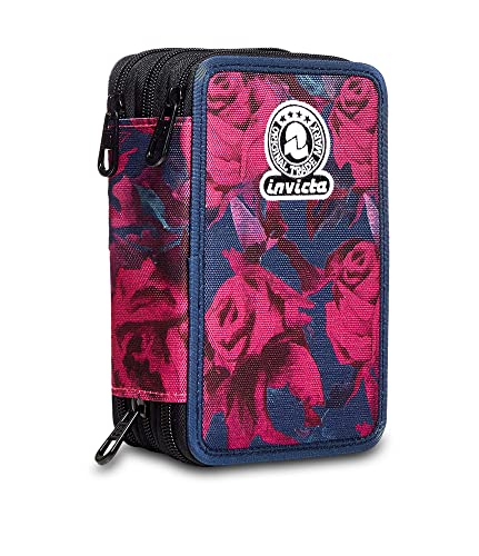 Invicta Federmäppchen, Mäppchen, mehrfarbig, Federtasche für Schreibwaren, Etui mit Stiften, Kugelschreiber, & mehr, 3 Fächer, Mädchen & Jungen, Schule - Grundschule, XXL ROSES FANTASY rosa von Invicta