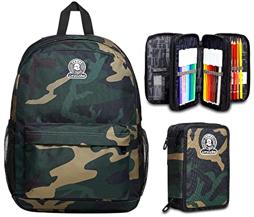 Invicta Ollie Rucksack mit einem Fach, grüne Tarnung,Schule & Freizeit + Federmäppchen,Federtasche für Schreibwaren, Etui mit Stiften, Kugelschreiber, & mehr,Mädchen & Jungen, Schule - Grundschule von Invicta