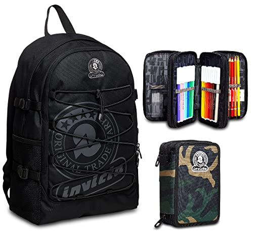 Invicta Rucksack mit einem Fach, Active, Schwarz, Schule & Freizeit +Federmäppchen,Federtasche für Schreibwaren, Etui mit Stiften, Kugelschreiber, & mehr Fächer, Mädchen & Jungen, Schule - Grundschule von Invicta