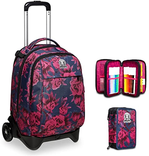 Invicta Trolley New TECH Roses Fantasy Rucksack mit Trolleyfunktion Schulranzen mit Rollen für Schule, Gymnasium, Reisen&Freizeit rosa Federmäppchen Federtasche für Schreibwaren Kugelschreiber von Invicta