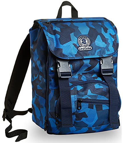 RUCKSACK INVICTA SQUARE CAMO Backpack für Schule, Uni & Freizeit, Erweiterbarer Schulranzen, Geräumige Schultasche für Teenager, Mädchen und Jungen, Extra Platz, Camo blau von Invicta