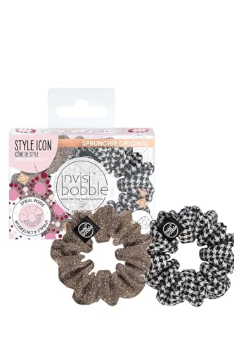 Invisibobble Duo Scrunchie Set, Stoff Haargummi Schwarz Weiß Muster, Stoff Zopfgummi Goldglitzer für Mädchen & Damen, Limited Collection, 2 Stück von invisibobble