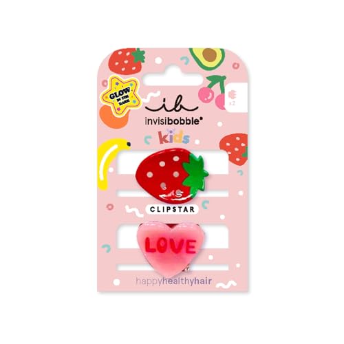 invisibobble CLIPSTAR GLOW KIDS FRUTTI STRAWBERRY - 2 Stück leuchtende Kinder Haarspangen – Glänzende, rutschfeste Haarclips für gesundes Haar – Erdbeer- und Herz-Design mit "Love" Schriftzug von invisibobble