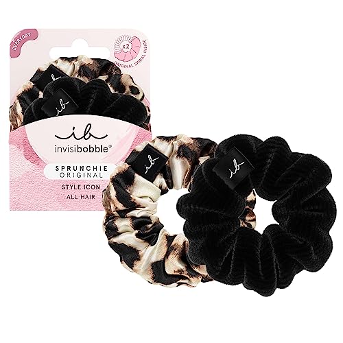 invisibobble Haargummi Schwarz & Leo Scrunchie The Iconic Beauties, 2x Haargummis starker Halt für Mädchen & Damen, Scrunchies Samt Schwarz, 2 Stück von Invisibobble