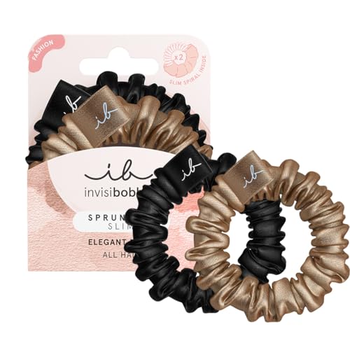 invisibobble Sprunchie Slim Schwarz Gold I 2x Stoff Haargummis gold schwarz für Mädchen & Damen I kein verknoten, starker Halt, haarschonend I Scrunchie Haargummi designed im Herzen Münchens von invisibobble