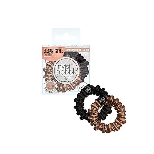 invisibobble Sprunchie Slim Schwarz Gold I 2x Stoff Haargummis gold schwarz für Mädchen & Damen I kein verknoten, starker Halt, haarschonend I Scrunchie Haargummi designed im Herzen Münchens von invisibobble