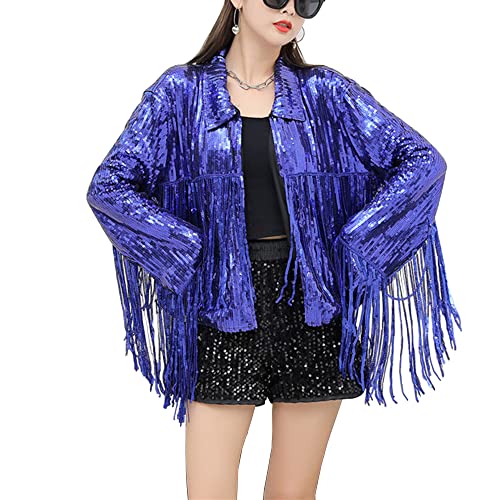 Damen Pailletten Quaste Jacke Metallic Glänzend Clubwear Party Open Front Langarm Cardigan, blau, Einheitsgröße von Inzegao