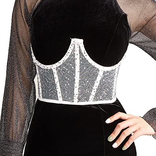 Frauen Gothic Pailletten Mesh Breiter Gürtel Glänzender Taillenbund Korsett Elastisch Schnürschuh Body Shaper Zubehör, Weiß, Einheitsgröße von Inzegao