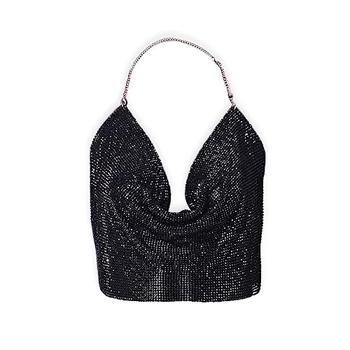 Inzegao Frauen Glitzer Strass Metall Crop Top Kristall Körper Kette Tank Top Neckholder V Ausschnitt Rückenfrei Camisole Tops, Schwarz, Mittel von Inzegao