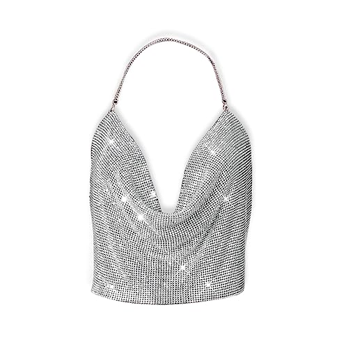 Inzegao Frauen Glitzer Strass Metall Crop Top Kristall Körper Kette Tank Top Neckholder V Ausschnitt Rückenfrei Camisole Tops, silber, Klein von Inzegao