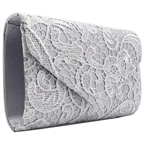 Damen-Clutch-Clutch, Spitze, florales Design, Satin-Spitze, elegante Handtaschen für Partys und Hochzeiten, silber (Silber) - N00180ZS von Inzopo