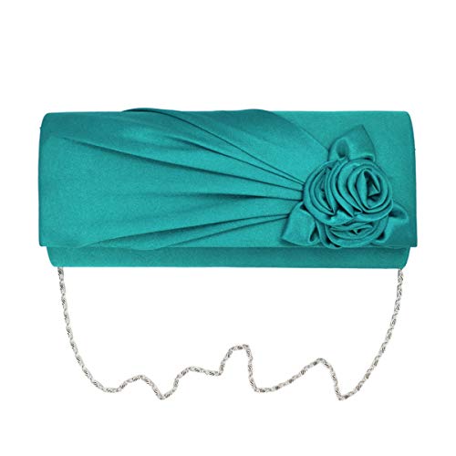 Satin-Umschlagtasche mit Blumenmuster, für Hochzeit, Party, Abschlussball, Abendtasche, Clutch mit Schulterriemen, Rosen-Blumenmuster, Plissiert, Satin, Clutch, Abendtasche, blaugrün (Grün) - N00133ZS von Inzopo