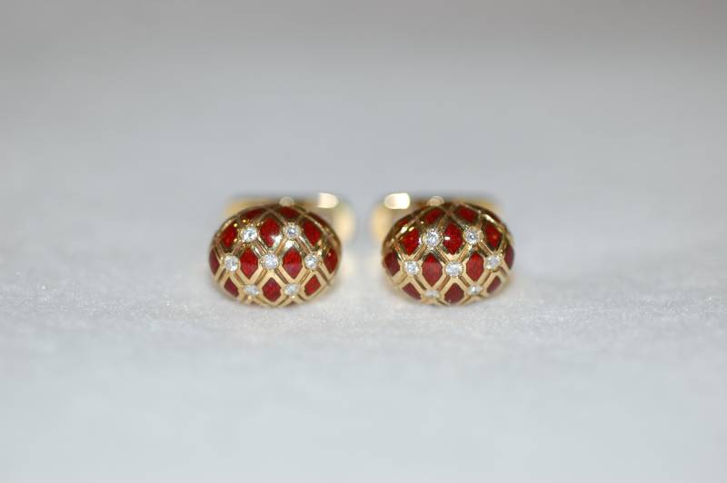 Diamant Und Rote Emaille Criss Cross Gold Manschettenknöpfe von IoJewelers