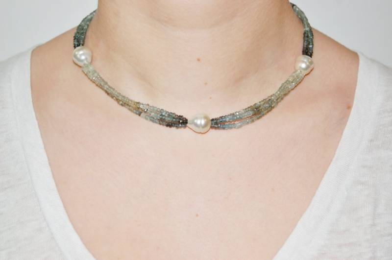 Südseeperlen Und Moos Aquamarin Band Halskette von IoJewelers